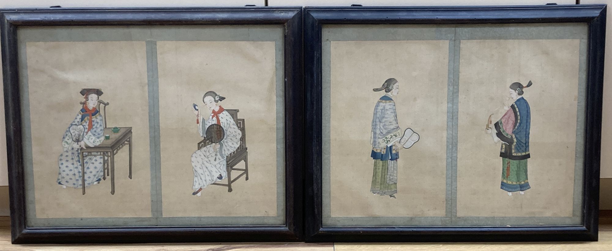 Chinese School c.1910, four gouache on silk, Designs for costume, late Qing, 28 x 19cm, mounted in two frames